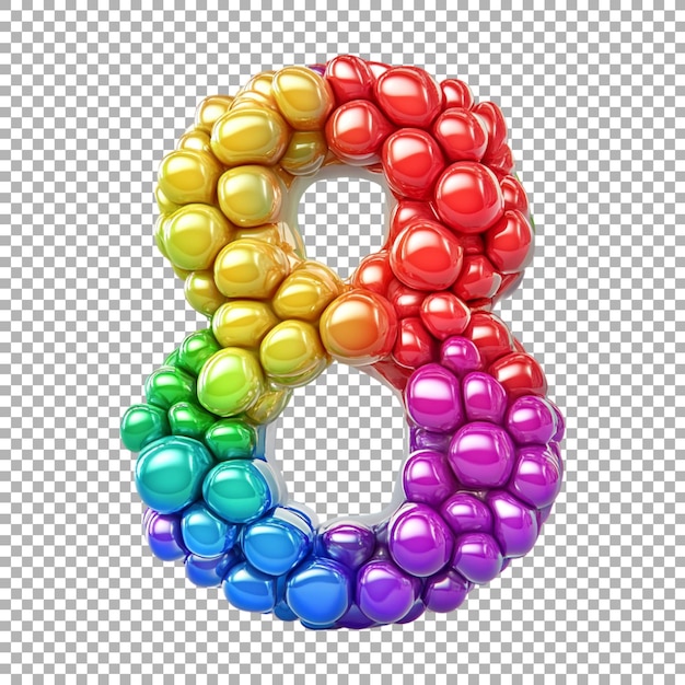 3d rendering of a alphabet number 8 made with rainbow candies balloons on transparent background