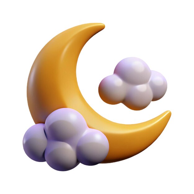 3D Rendering of a Crescent Moon and Fluffy Clouds in a Night Sky