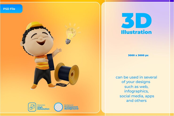 PSD 3d rendering of electrician character illustration