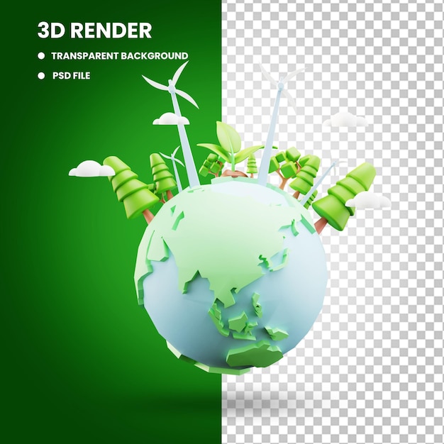 3d rendering of globe and plant with windmill object illustration with earth day concept