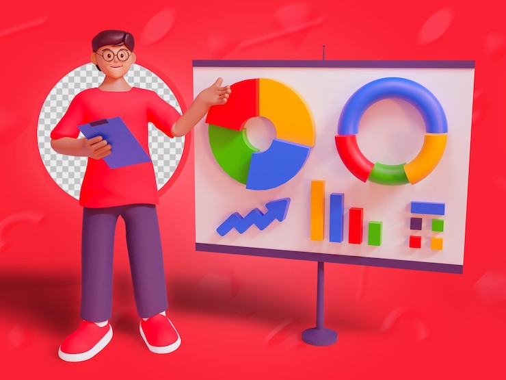 PSD 3d rendering of male character posing with presentation statistics
