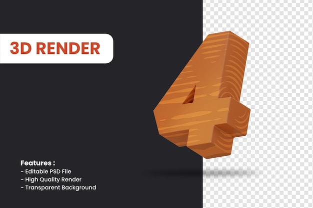 3d rendering of number 4 with wood texture effect isolated