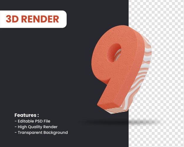 3d rendering of number 9 with abstract texture effect isolated