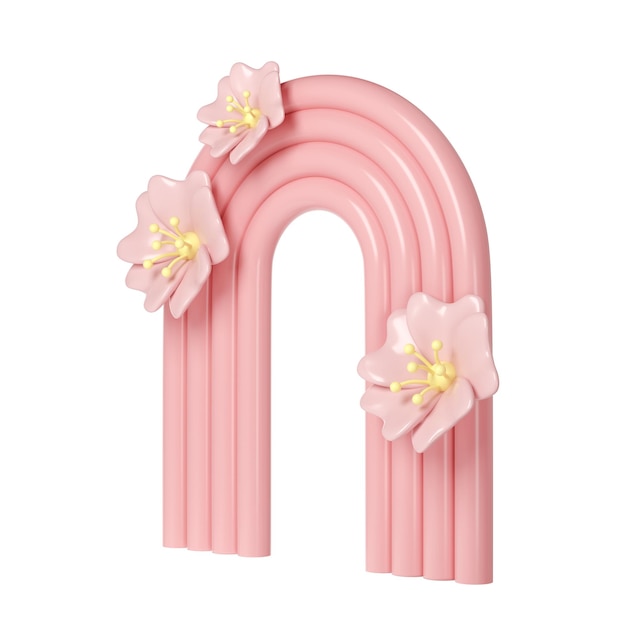 3d rendering of plaster pink molds arch with flower transparent minimalistic spring