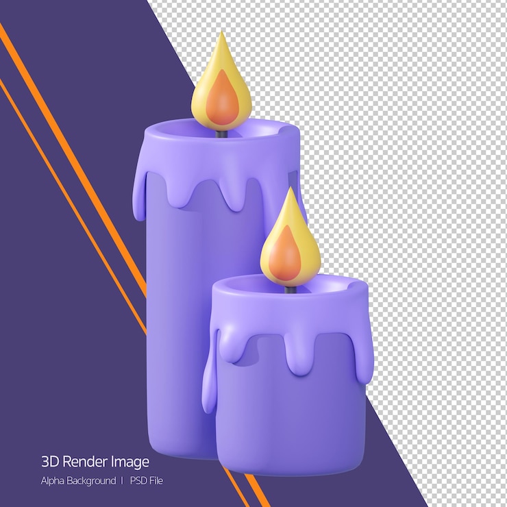 PSD 3d rendering of purple candles icon isolated on white. halloween theme.
