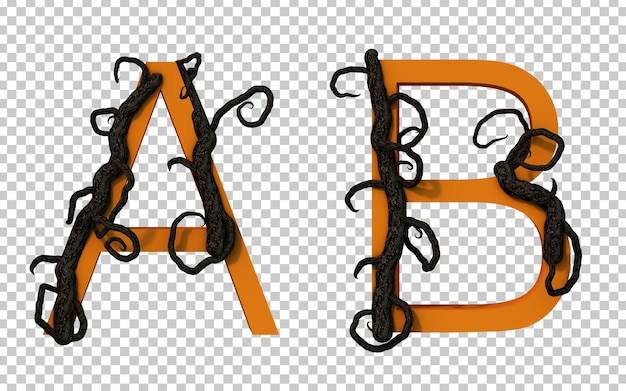 3d rendering of scary branch tree creeping on alphabet A and alphabet B
