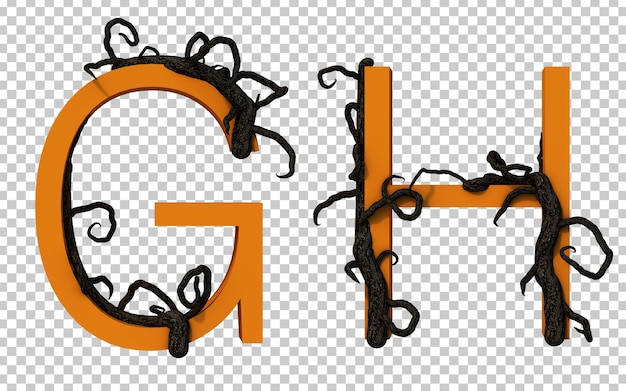 3d rendering of scary branch tree creeping on alphabet G and alphabet H