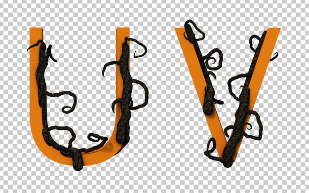 3d rendering of scary branch tree creeping on alphabet u and alphabet v