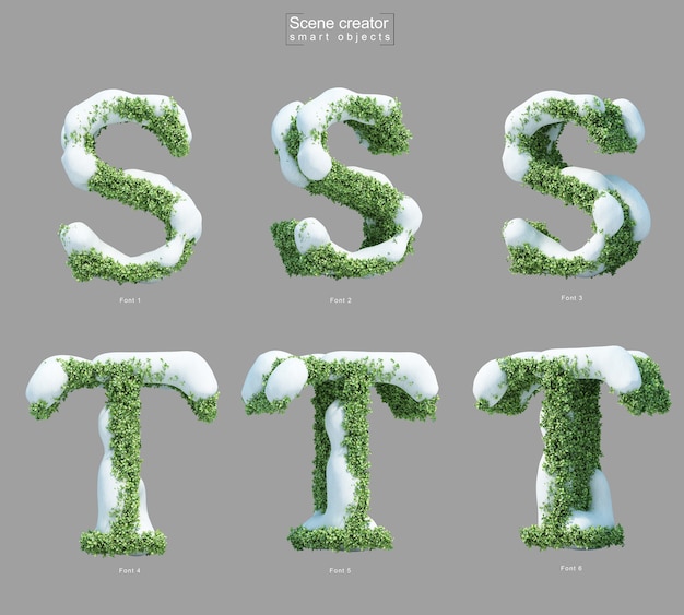 3d rendering of snow on bushes in shape of letter s and letter t scene creator