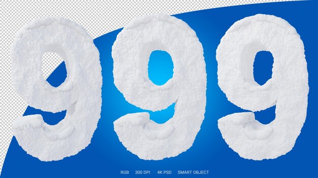 3d rendering of the number 9 in the shape and style of a snow on a transparent background