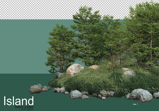 3d rendering of various types of trees on the island