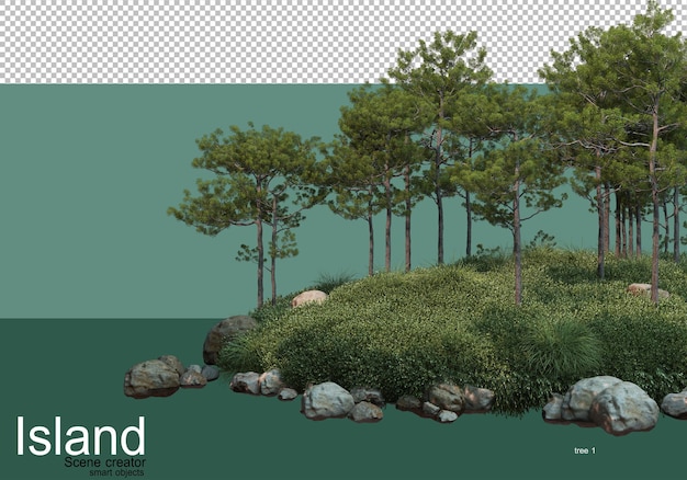 3d rendering of various types of trees on the island