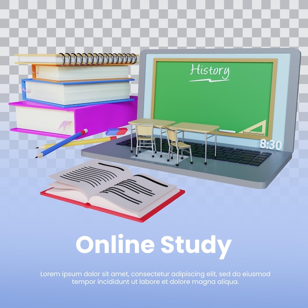 PSD 3d-rendering online-bildung mit laptop