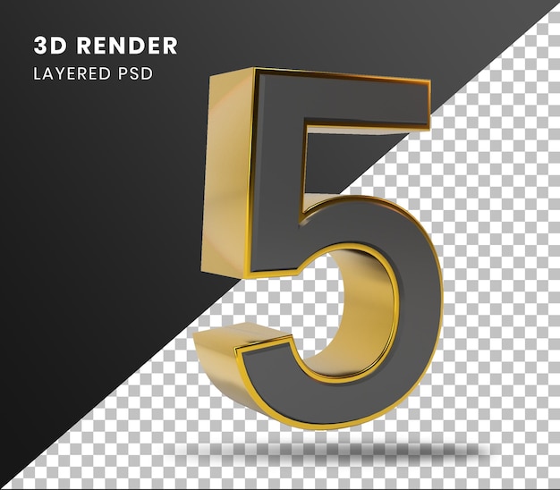 3D Rendering oro número 5 aislado