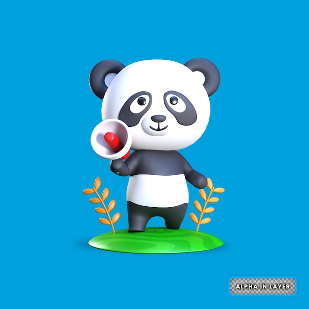 PSD 3d-rendering-panda hält megaphon für marketing-illustrationen