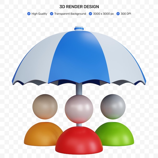 3D rendering paraguas azul con tres iconos de perfil aislado