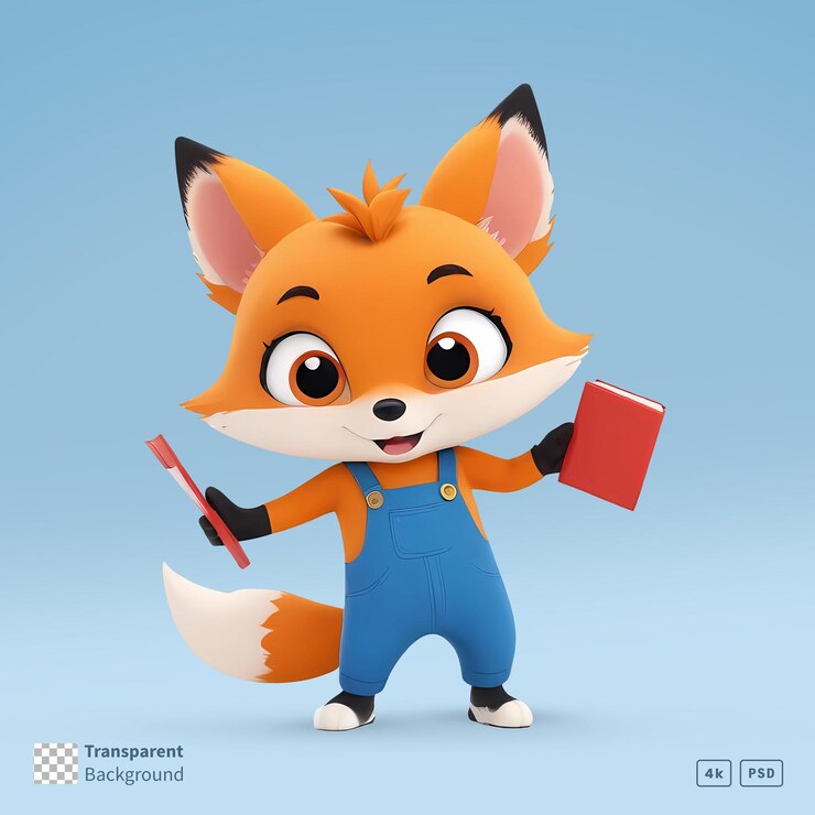 PSD 3d rendering personaje de dibujos animados de zorro lindo con mono y libros en la mano