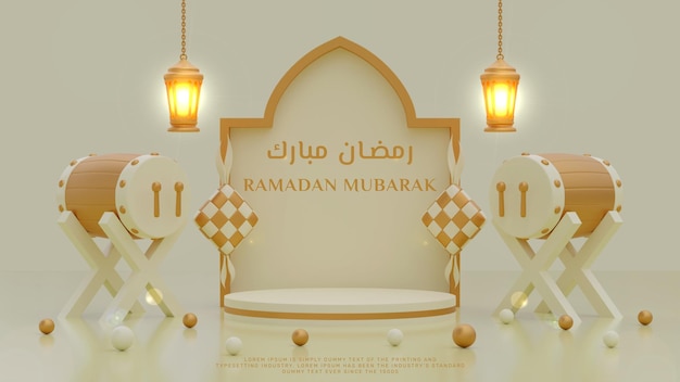 3d rendering podio islamico ramadan kareem eid mubarak modello di banner di sfondo