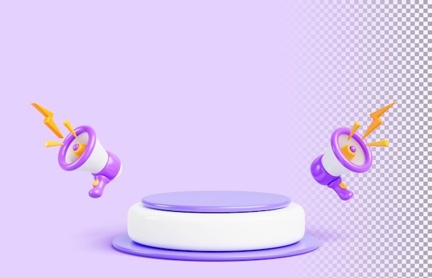 3D-Rendering-Podium-Anzeige mit Megaphon-Lautsprecher oder Lautsprecher-Bullhorn auf lila Hintergrund Leere Bühne-Plattform für digitales Marketing Online-Nachrichten Social-Media-Promotion-Banner