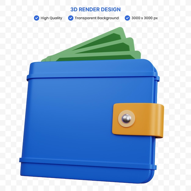 3d rendering portafoglio blu con tre banconote isolate