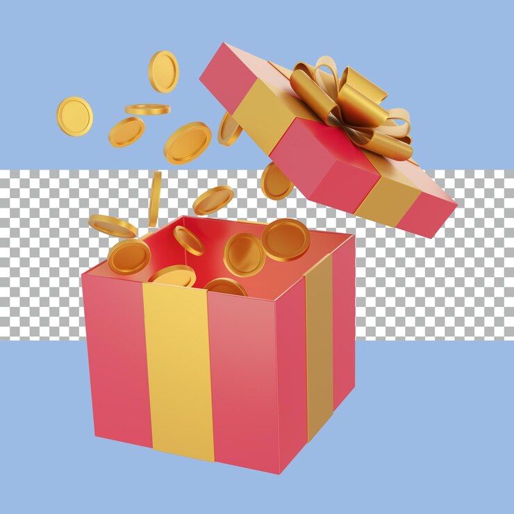 PSD 3d-rendering promotion goldmünzen in geschenkbox transparent