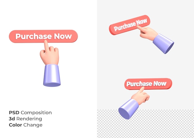 3d rendering purchase now cta button with hand concept