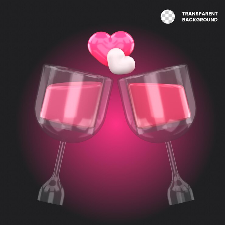 PSD 3d-rendering romantischer toast mit wein und herzen für den valentinstag
