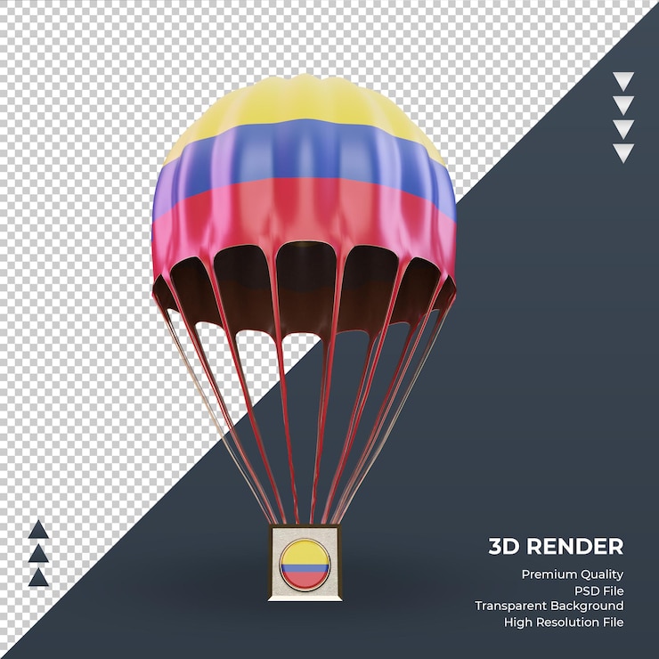 PSD 3d rendering s vlajkou kolumbie na padáku, čelní pohled