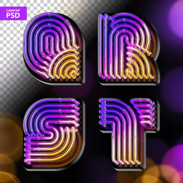 PSD 3d-rendering-satz von fettgedruckten buchstaben aus farbenfrohen, gradientglühenden neonröhren