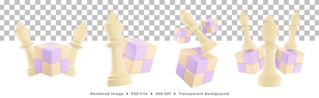 3D-Rendering Satz von Schachfiguren-Symbol mit Würfelpuzzle