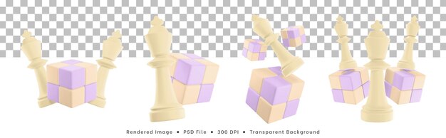 3d-rendering satz von schachfiguren-symbol mit würfelpuzzle