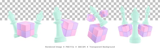 3d-rendering satz von schachfiguren-symbol mit würfelpuzzle