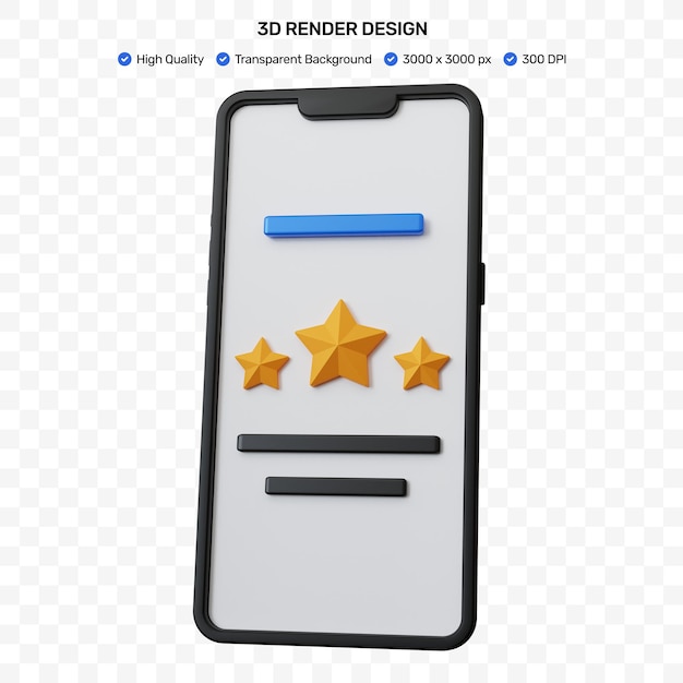 3D-Rendering Schwarzes Smartphone mit drei gelben Sternen Symbol Zeichen isoliert