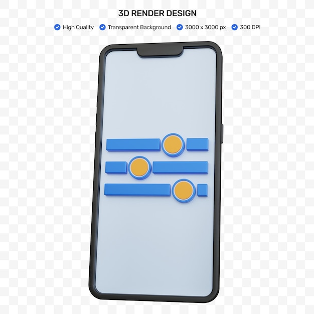 3d-rendering schwarzes smartphone mit isoliertem symbol für das einstellungsfeld