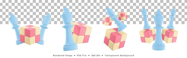 3d rendering set of chess pieces icon with cube puzzle
