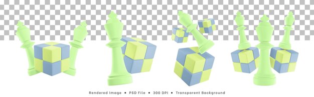 3d rendering set of chess pieces icon with cube puzzle