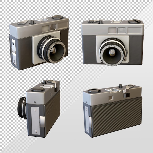 3d rendering simple icon of grey old camera from various perspective view
