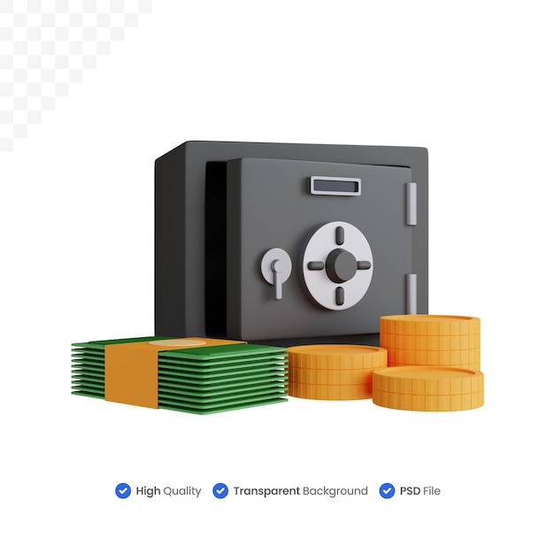3d rendering soldi al sicuro con un po' di soldi davanti isolato