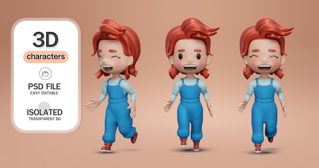 PSD 3d-rendering stellen sie mädchen im cartoon-stil ein