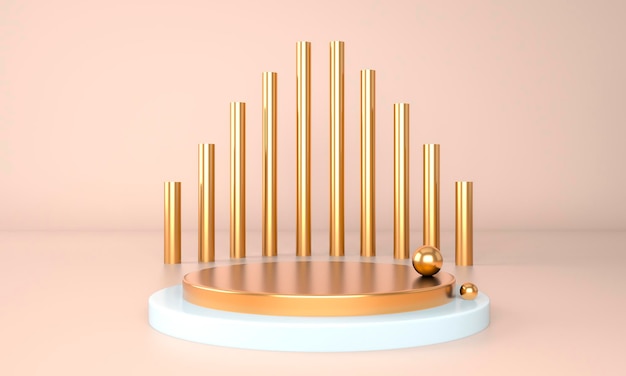 3d rendering studio with geometric shapes, podium on the floor.