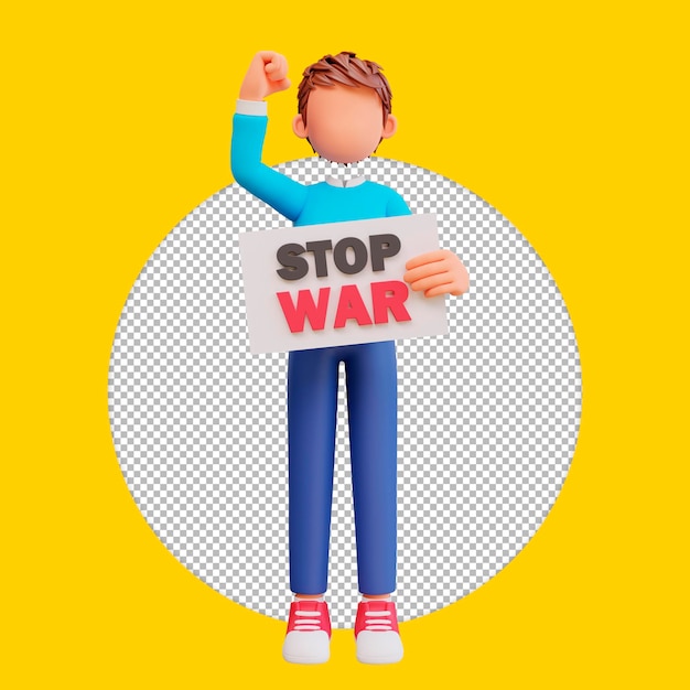 3D-Rendering süßer Junge, der ein Plakat hält, stoppt den Krieg