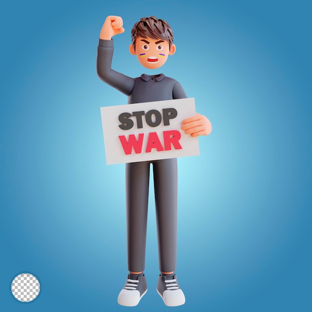 3D-Rendering süßer Junge mit Poster Stop War