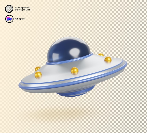 3D-Rendering-Symbol von UFOs, außerirdischen Raumschiffen, lustige silberblaue Untertasse, isoliert auf hellgelbem Hintergrund, Fantasie, kosmisches unbekanntes fliegendes Objekt, Cartoon-Spiel, Grafikdesign-Element
