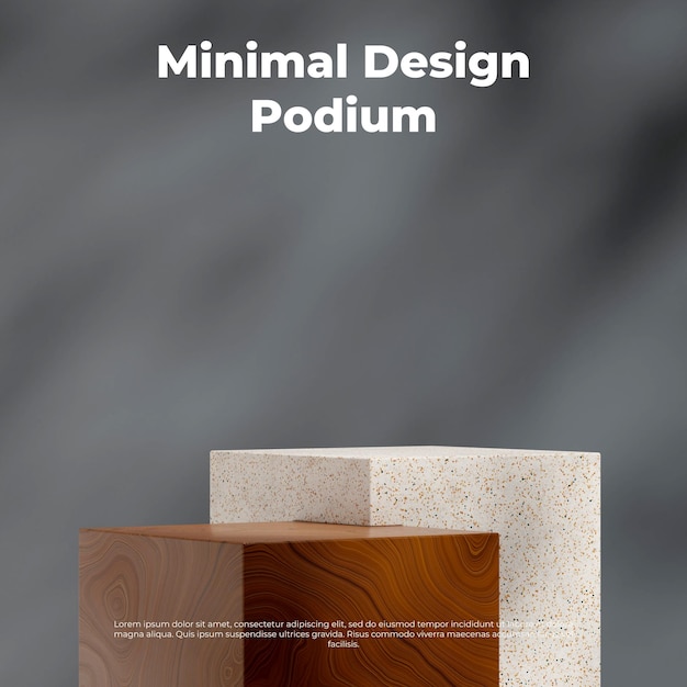 3D-Rendering-Szene Mockup Holz und Terrazzo-Textur-Podium in quadratischer grauer Wand und Schatten