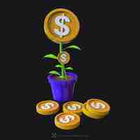 PSD 3d-rendering topfpflanze mit goldenen münzen illustration des wirtschaftlich wachsenden geschäfts geld