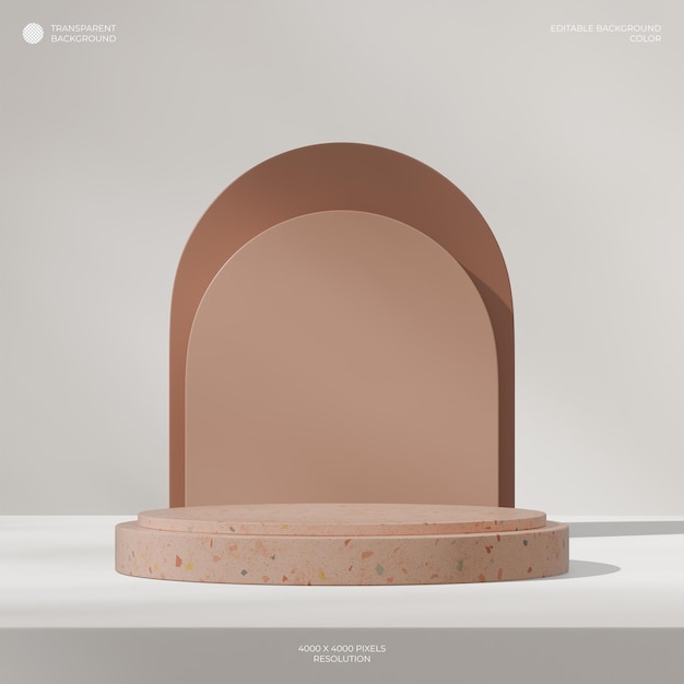 3D-Rendering transparenter Hintergrund von braunem Terrazzo-Zylinder-Podium im Quadrat mit Bogenform