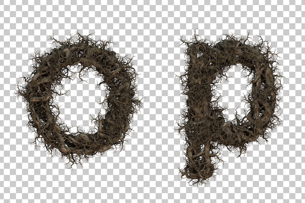 3D rendering tree branch alfabeto o y alfabeto p