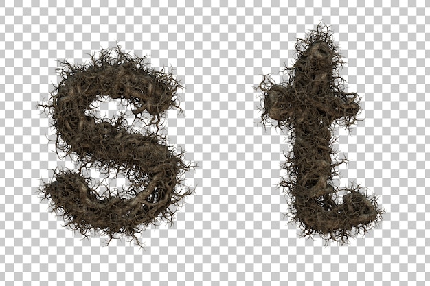 3d rendering tree branch alphabet s and alphabet t