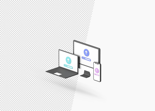 PSD 3d-rendering-upload-konzept auf dem laptop-mac-telefonbildschirm