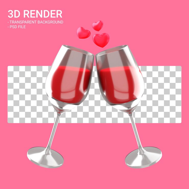 PSD 3d-rendering valentinsgruß zwei wein mit herz